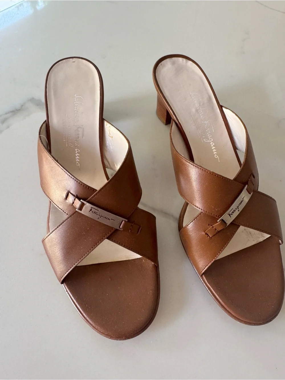 Ferragamo Brown Leather Crossover Slide Sandals